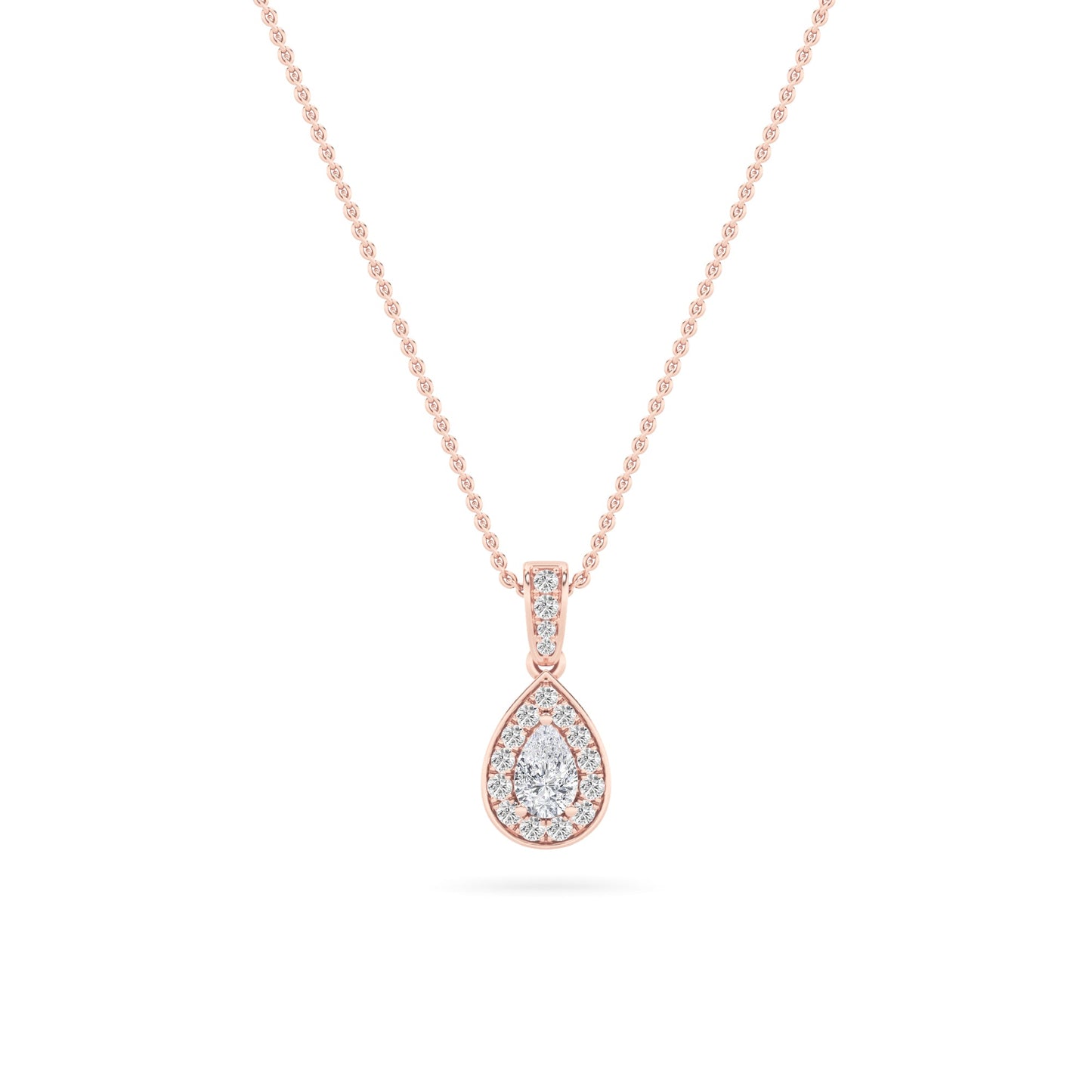 1.25 Ct Pear (F/VS) Lab Grown Diamond Prong 14K Rose Gold Classic Halo Solitaire Pendant Necklace