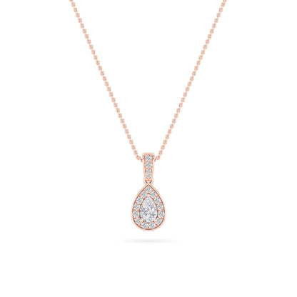 1.25 Ct Pear (F/VS) Lab Grown Diamond Prong 14K Rose Gold Classic Halo Solitaire Pendant Necklace