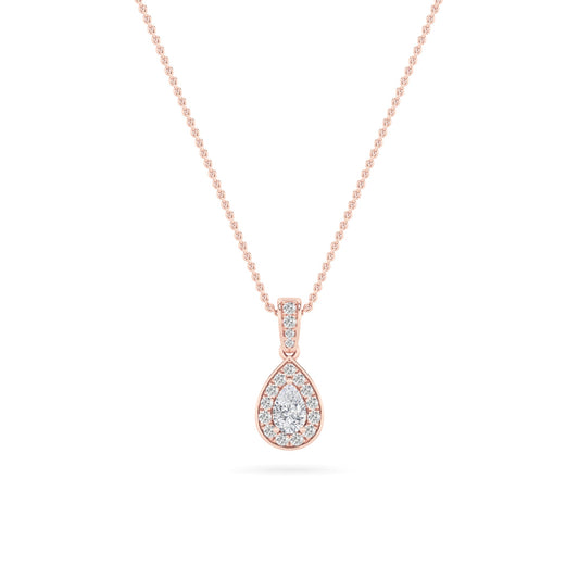 1.25 Ct Pear (F/VS) Lab Grown Diamond Prong 14K Rose Gold Classic Halo Solitaire Pendant Necklace