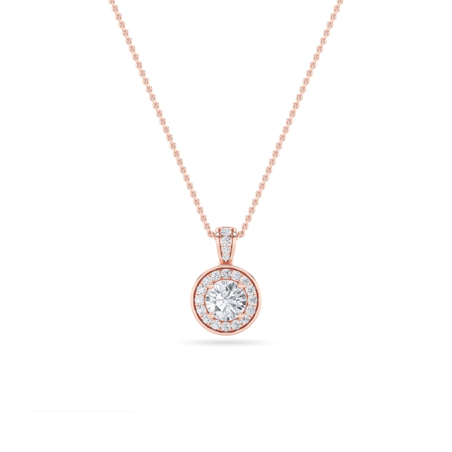 0.75 Ct Round (F/VS) Lab Grown Diamond Prong 14K Rose Gold Classic Halo Solitaire Pendant Necklace