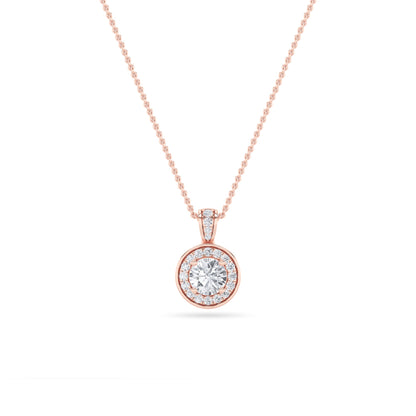 0.75 Ct Round (F/VS) Lab Grown Diamond Prong 14K Rose Gold Classic Halo Solitaire Pendant Necklace