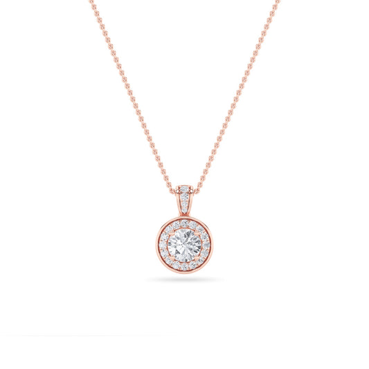 0.75 Ct Round (F/VS) Lab Grown Diamond Prong 14K Rose Gold Classic Halo Solitaire Pendant Necklace