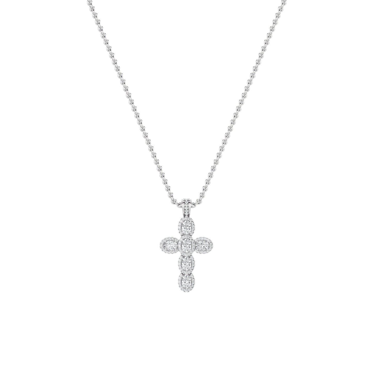 3.0 Ct Oval (F/VS) Lab Grown Diamond Prong 14K White Gold Fancy Halo Cross Pendant Necklace