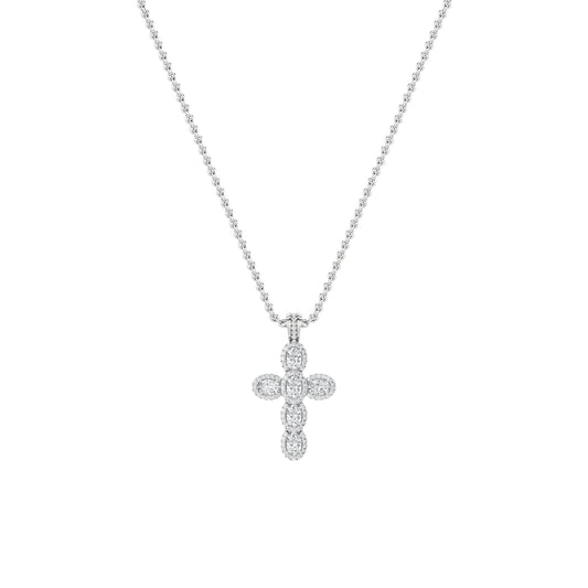 3.0 Ct Oval (F/VS) Lab Grown Diamond Prong 14K White Gold Fancy Halo Cross Pendant Necklace