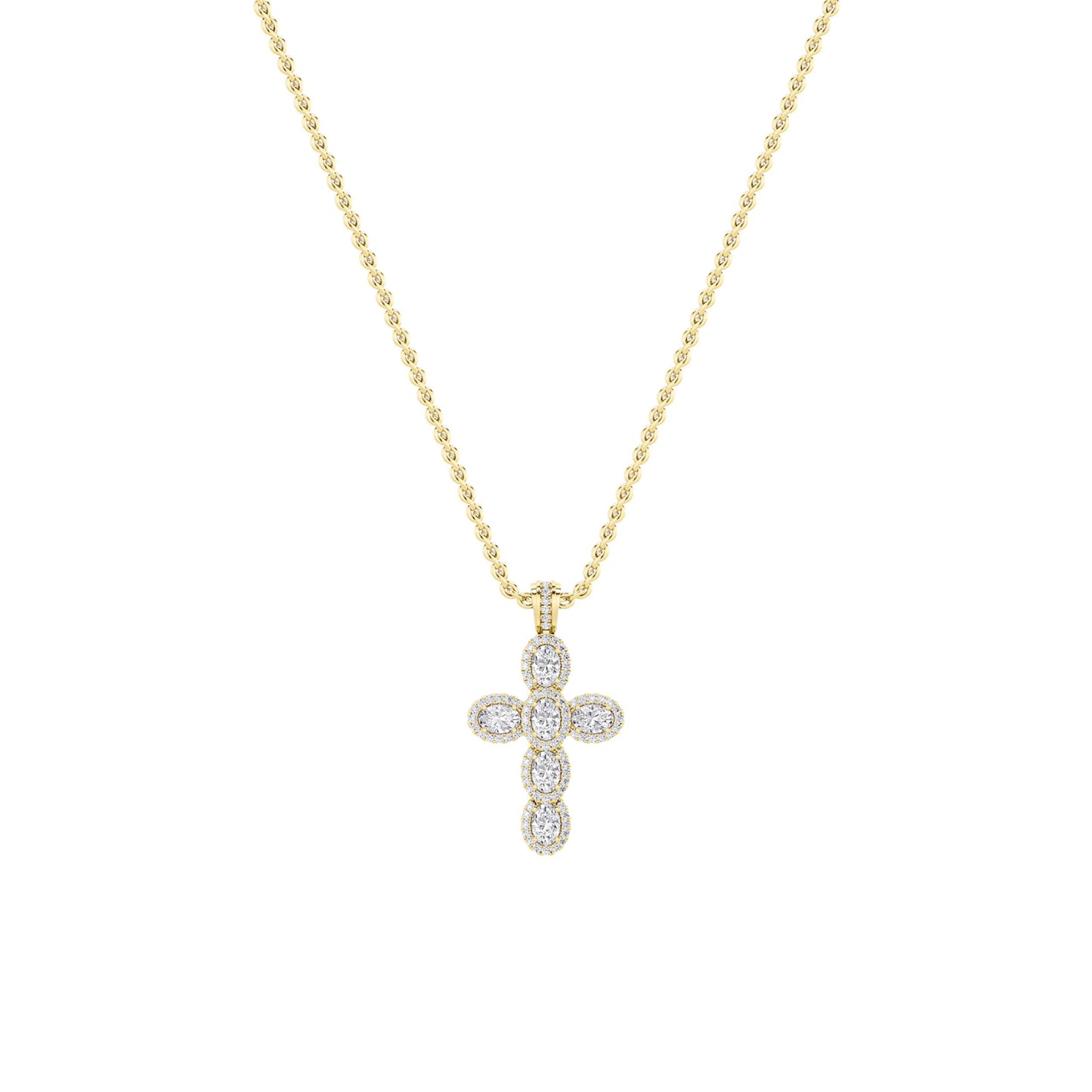 3.0 Ct Oval (F/VS) Lab Grown Diamond Prong 14K Yellow Gold Fancy Halo Cross Pendant Necklace