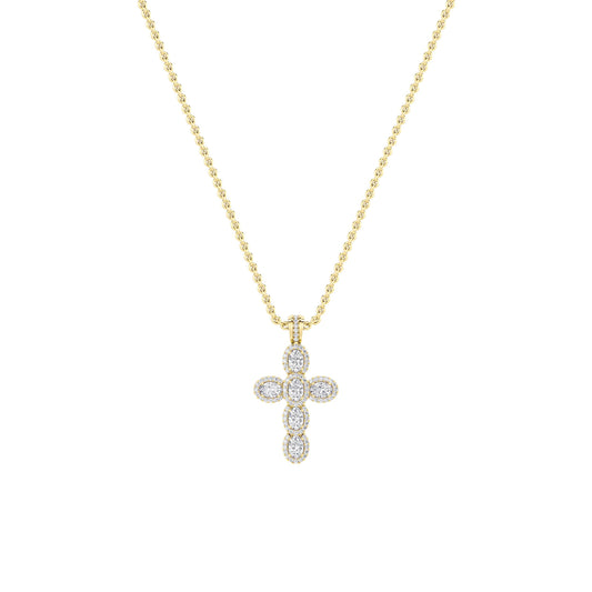 3.0 Ct Oval (F/VS) Lab Grown Diamond Prong 14K Yellow Gold Fancy Halo Cross Pendant Necklace