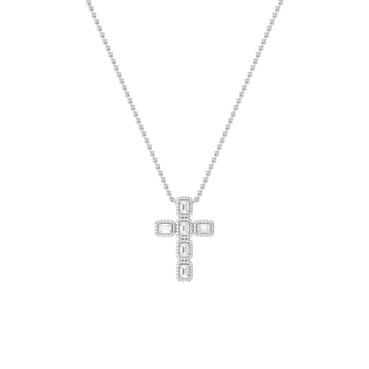 3.0 Ct Emerald (F/VS) Lab Grown Diamond Prong 14K White Gold Fancy Halo Cross Pendant Necklace