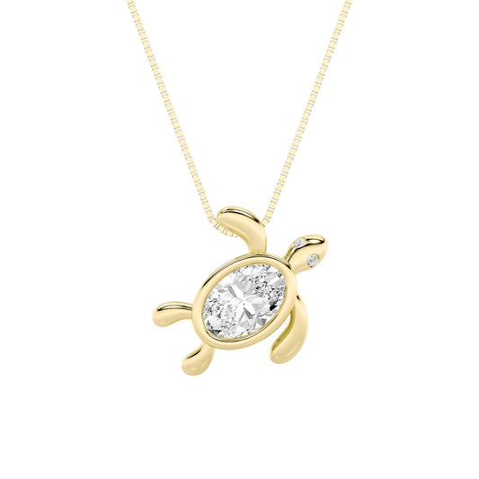 1.5ct Oval Shaped Lab Grown Diamond (F/VS) Bezel Set Turtle Pendant in 14K Yellow Gold