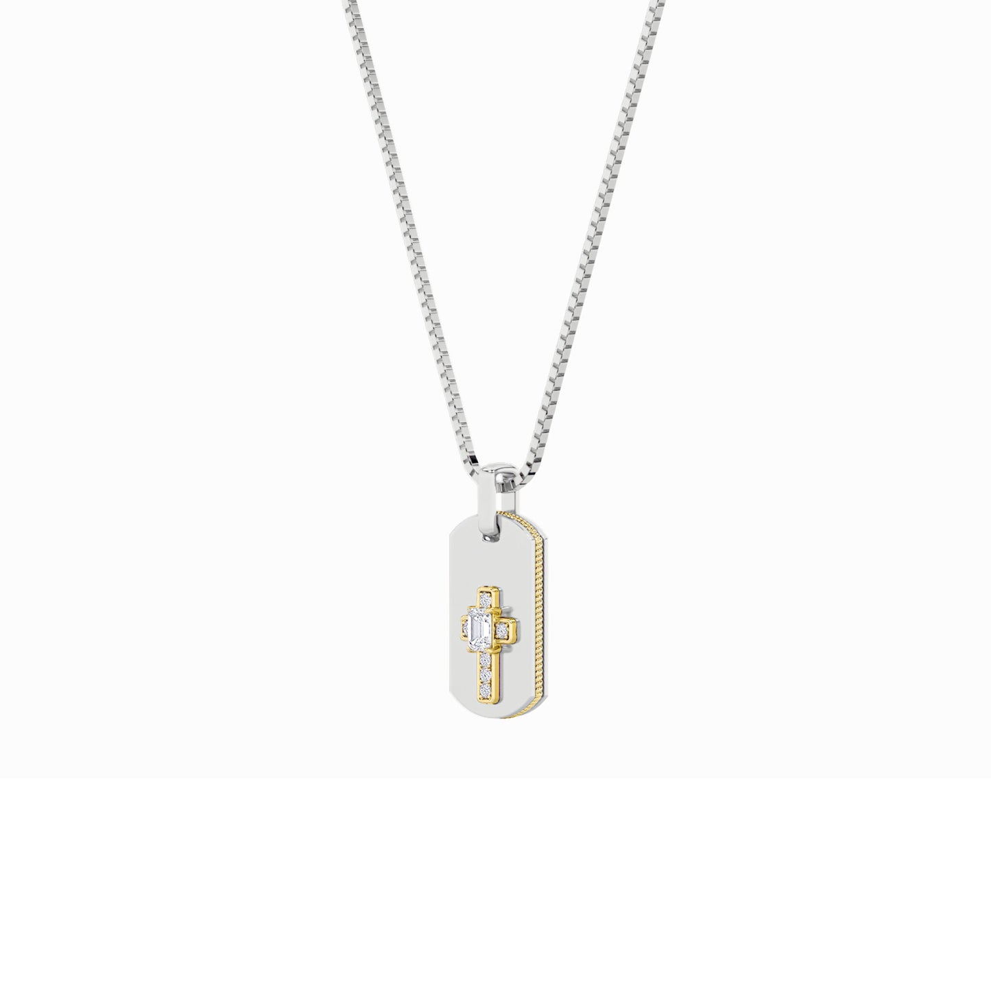1.0ct Emerald Shaped Lab Grown Diamond (F/VS) Dog Tag Pendant in 14K White Gold & Yellow Gold