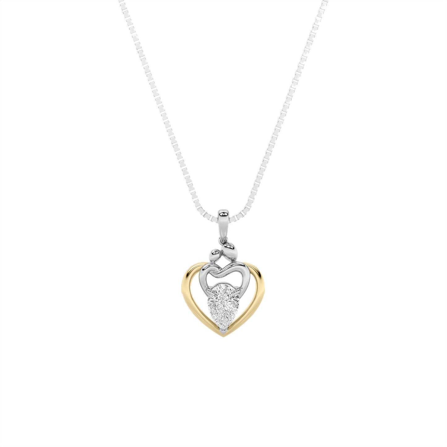 1.5ct Pear Shaped Lab Grown Diamond (F/VS) Heart Shaped Pendant in 14K Yellow Gold & White Gold
