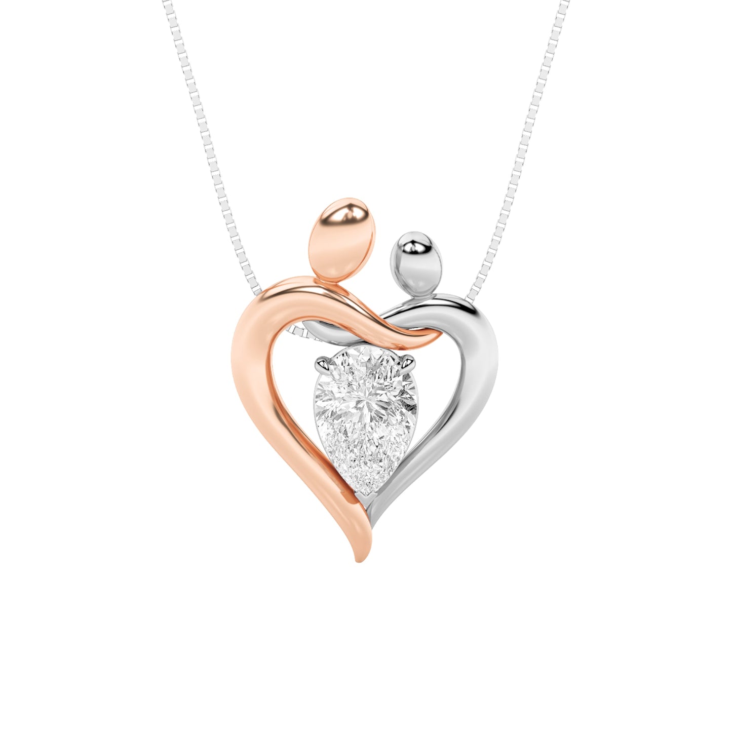 1.5ct Pear Shaped Lab Grown Diamond (F/VS) Mother and Child Heart Shaped Pendant in 14K White Gold & Rose Gold
