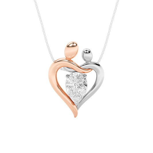 1.5ct Pear Shaped Lab Grown Diamond (F/VS) Mother and Child Heart Shaped Pendant in 14K White Gold & Rose Gold