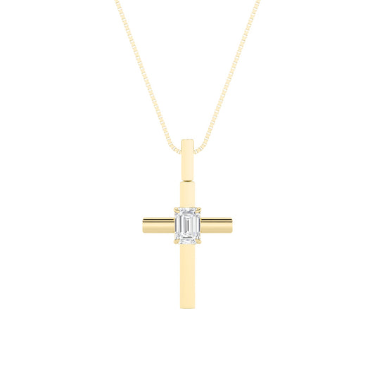 0.5ct Emerald Shaped Lab Grown Diamond (F/VS) Cross Pendant in 14K Yellow Gold