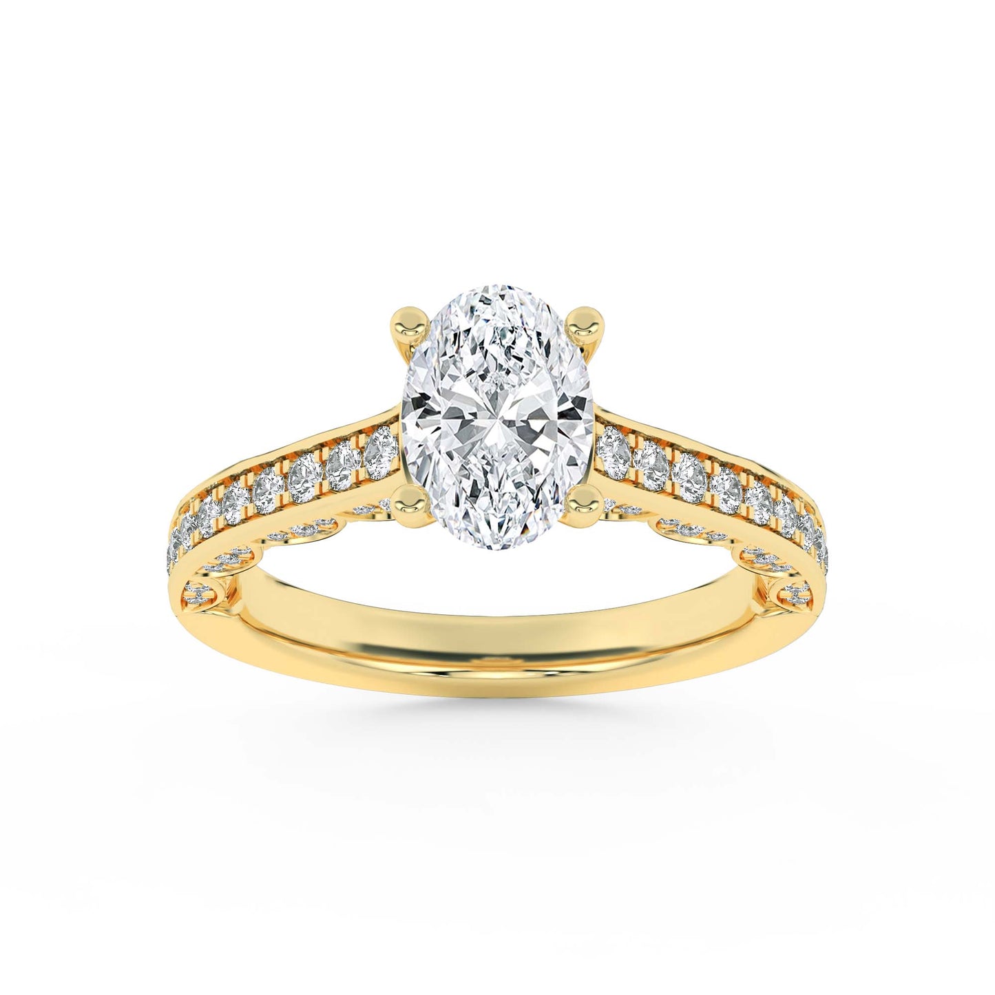 2 Ct Oval (F/VS) Lab Grown Diamond Prong 14K Yellow Gold Accented Engagement Ring