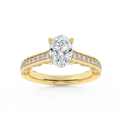 2 Ct Oval (F/VS) Lab Grown Diamond Prong 14K Yellow Gold Accented Engagement Ring