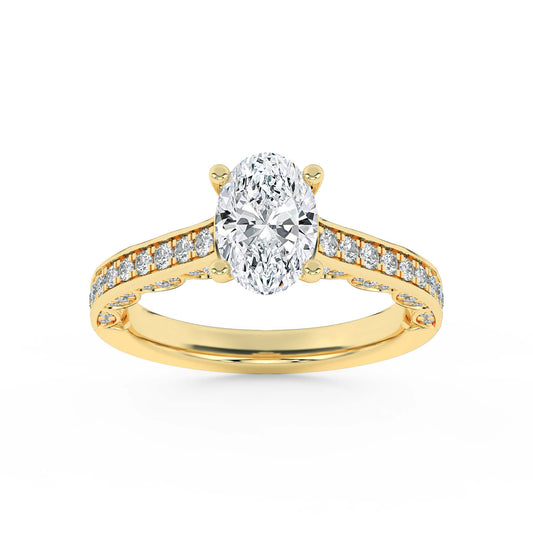 2 Ct Oval (F/VS) Lab Grown Diamond Prong 14K Yellow Gold Accented Engagement Ring