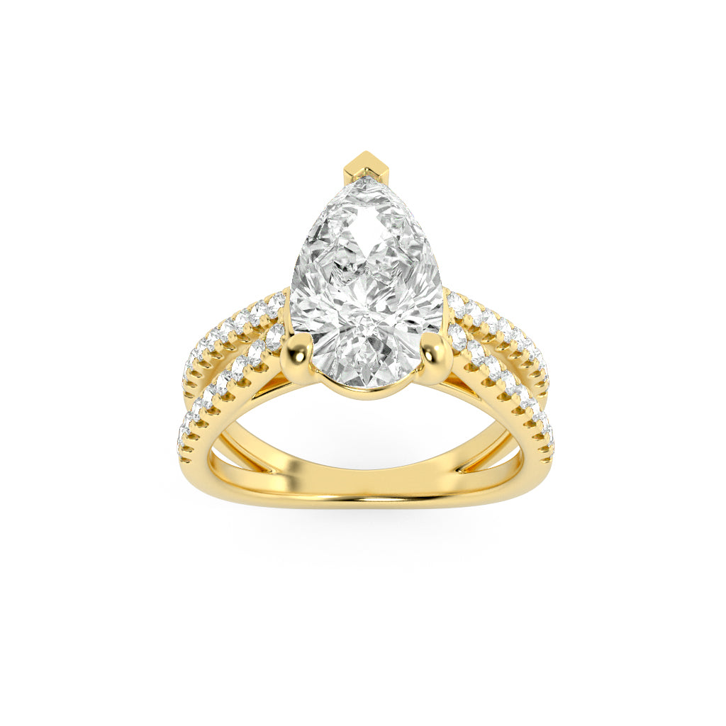 2 Ct Pear (F/VS) Lab Grown Diamond V-Prong 14K Yellow Gold Cross Shank Accented Engagement Ring