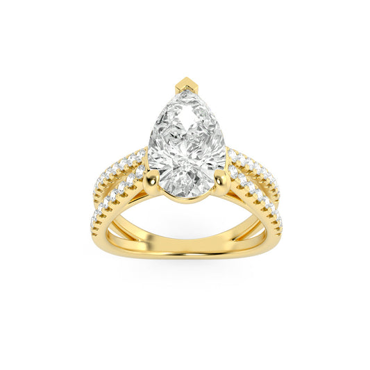 2 Ct Pear (F/VS) Lab Grown Diamond V-Prong 14K Yellow Gold Cross Shank Accented Engagement Ring