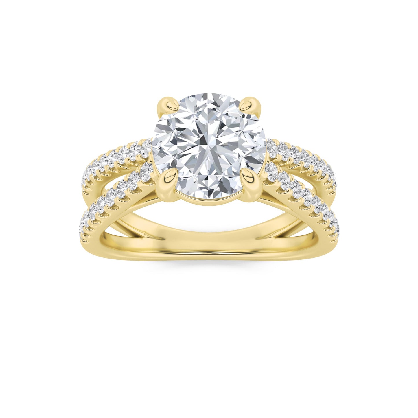 2 Ct Round (F/VS) Lab Grown Diamond Prong 14K Yellow Gold Cross Shank Accented Engagement Ring