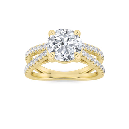 2 Ct Round (F/VS) Lab Grown Diamond Prong 14K Yellow Gold Cross Shank Accented Engagement Ring