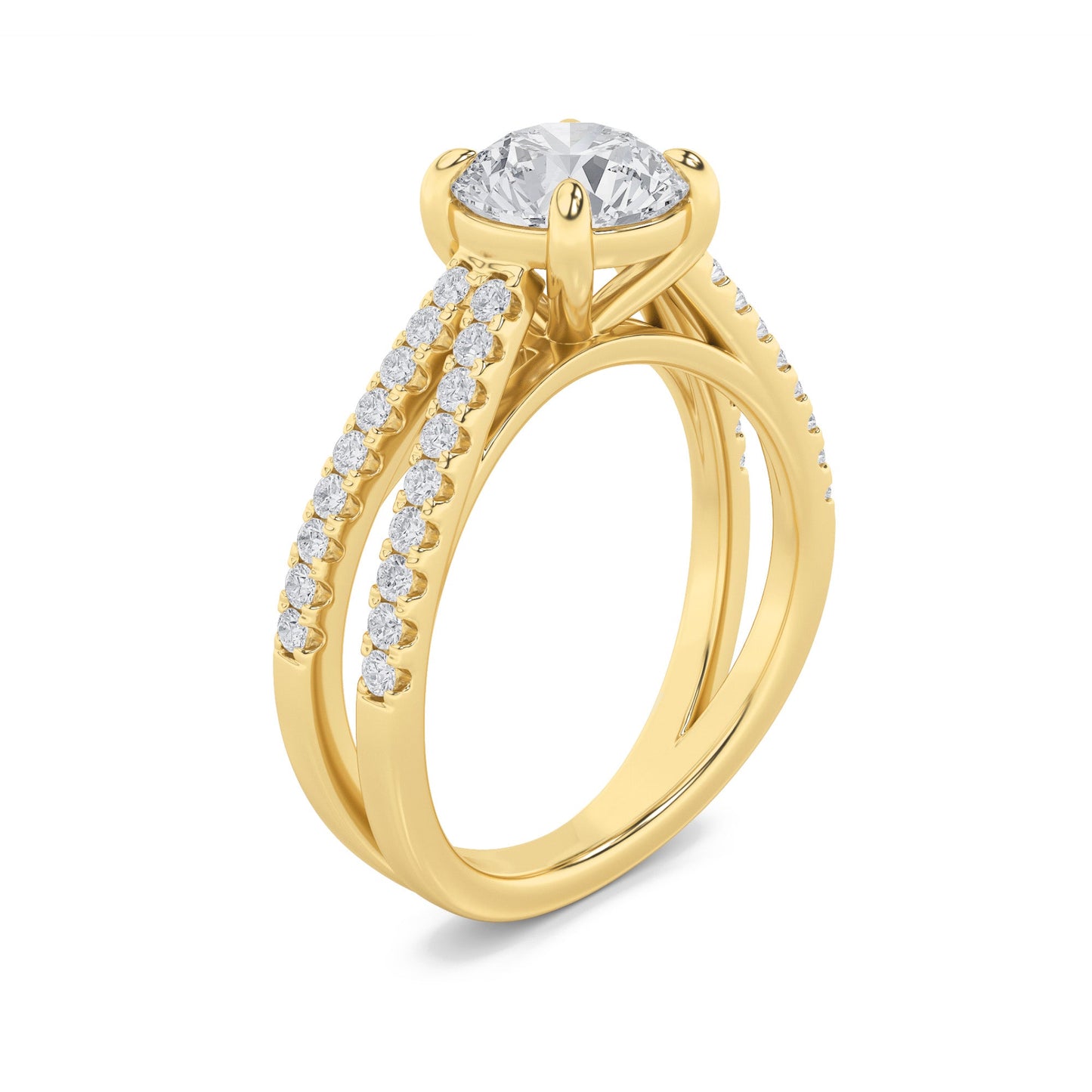 2 Ct Round (F/VS) Lab Grown Diamond Prong 14K Yellow Gold Cross Shank Accented Engagement Ring
