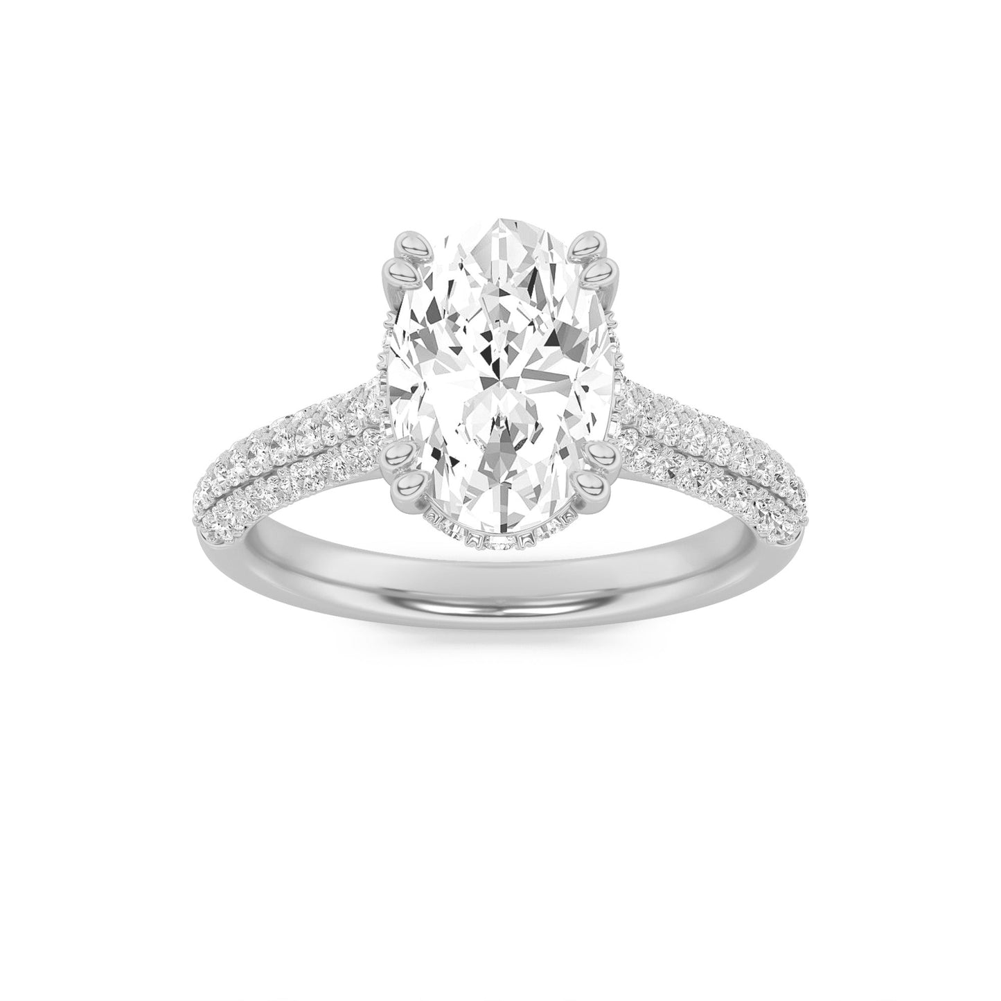 3 Ct Oval (F/VS) Lab Grown Diamond Double Prong 14K White Gold Triple Row Accented Engagement Ring