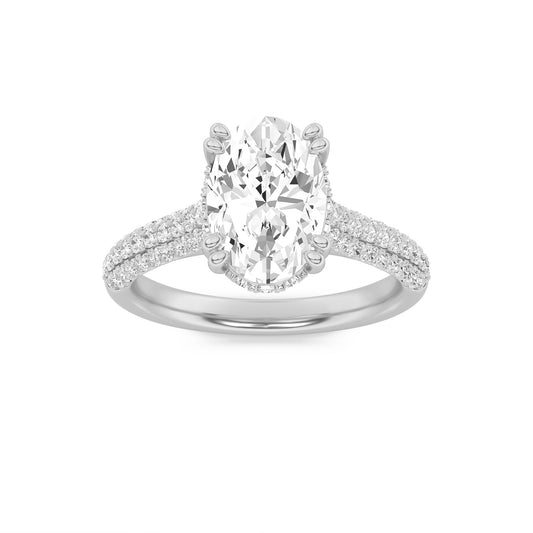3 Ct Oval (F/VS) Lab Grown Diamond Double Prong 14K White Gold Triple Row Accented Engagement Ring