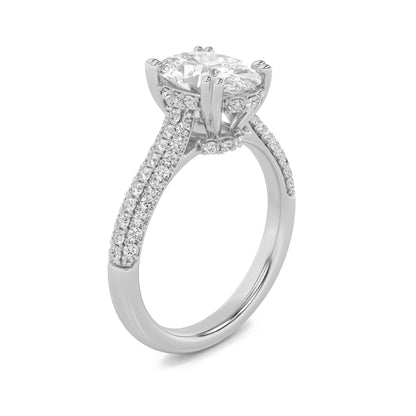 3 Ct Oval (F/VS) Lab Grown Diamond Double Prong 14K White Gold Triple Row Accented Engagement Ring