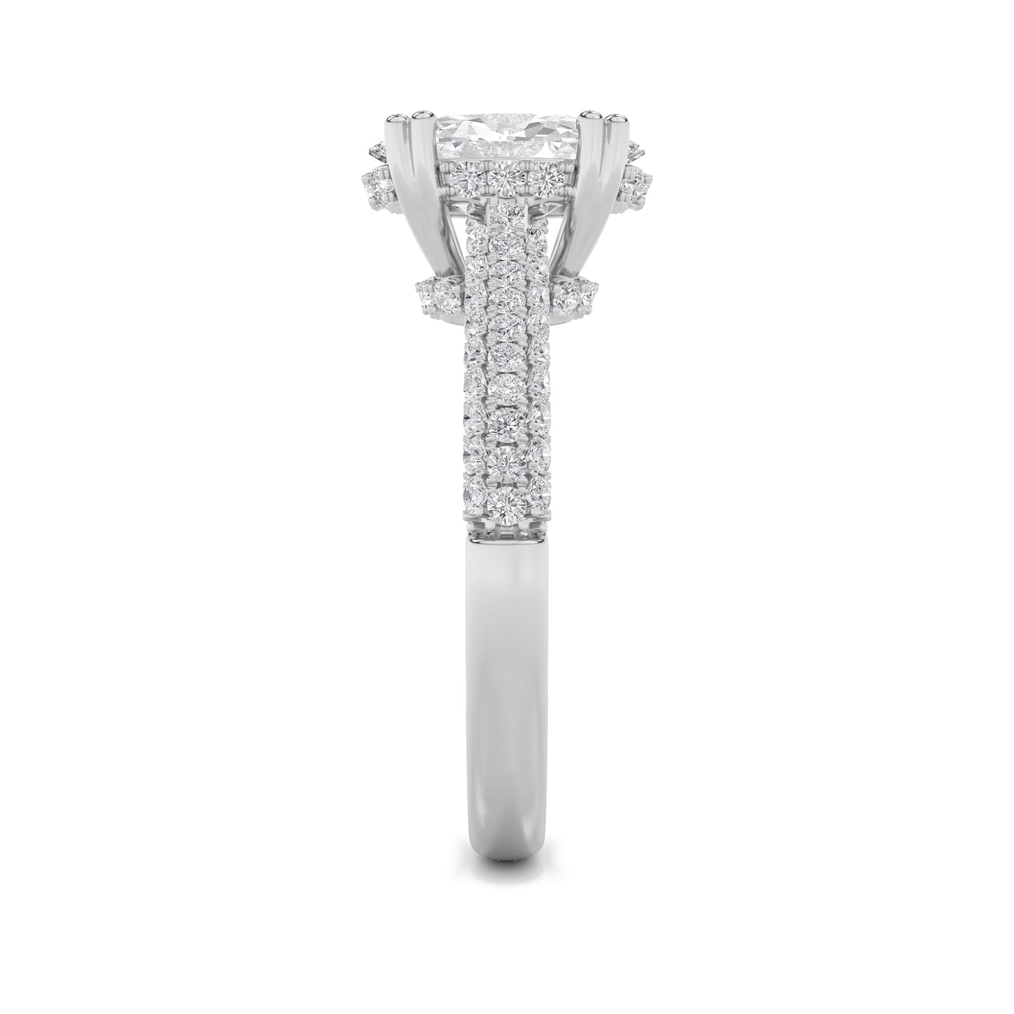 3 Ct Oval (F/VS) Lab Grown Diamond Double Prong 14K White Gold Triple Row Accented Engagement Ring