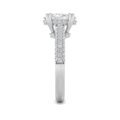 3 Ct Oval (F/VS) Lab Grown Diamond Double Prong 14K White Gold Triple Row Accented Engagement Ring