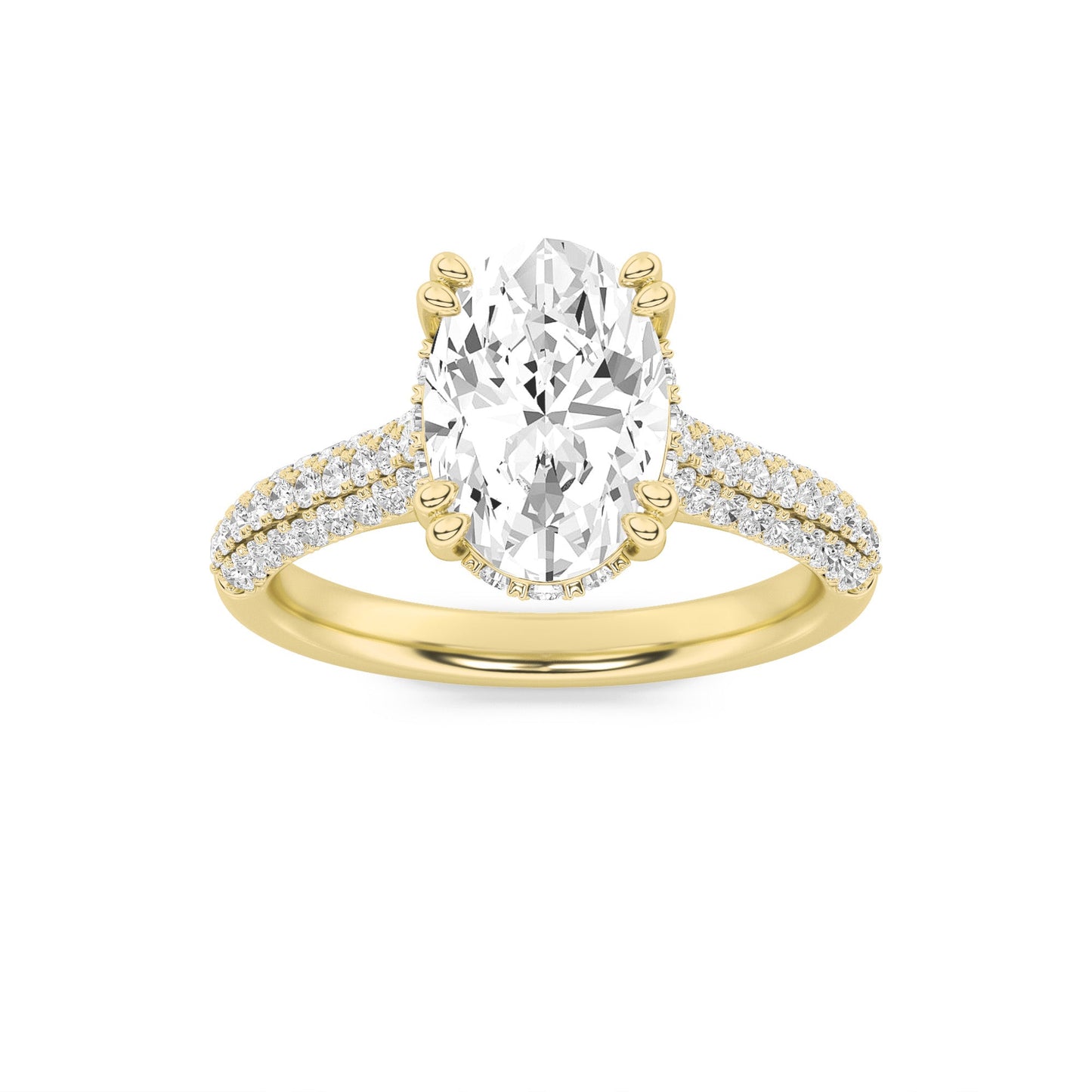 3 Ct Oval (F/VS) Lab Grown Diamond Double Prong 14K Yellow Gold Triple Row Accented Engagement Ring