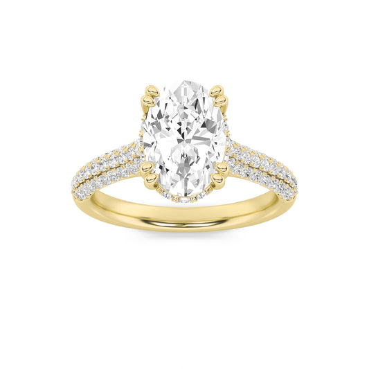 3 Ct Oval (F/VS) Lab Grown Diamond Double Prong 14K Yellow Gold Triple Row Accented Engagement Ring