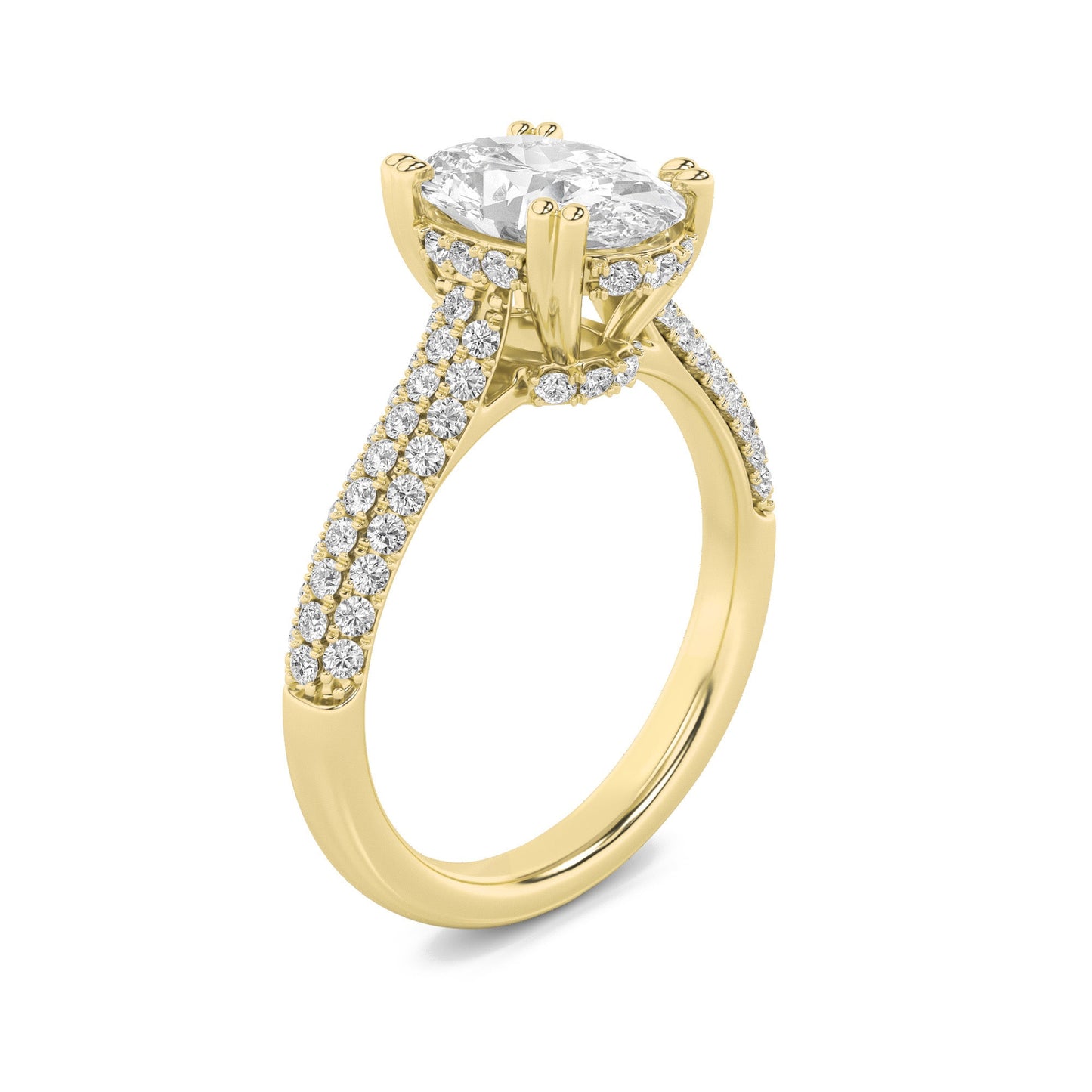3 Ct Oval (F/VS) Lab Grown Diamond Double Prong 14K Yellow Gold Triple Row Accented Engagement Ring