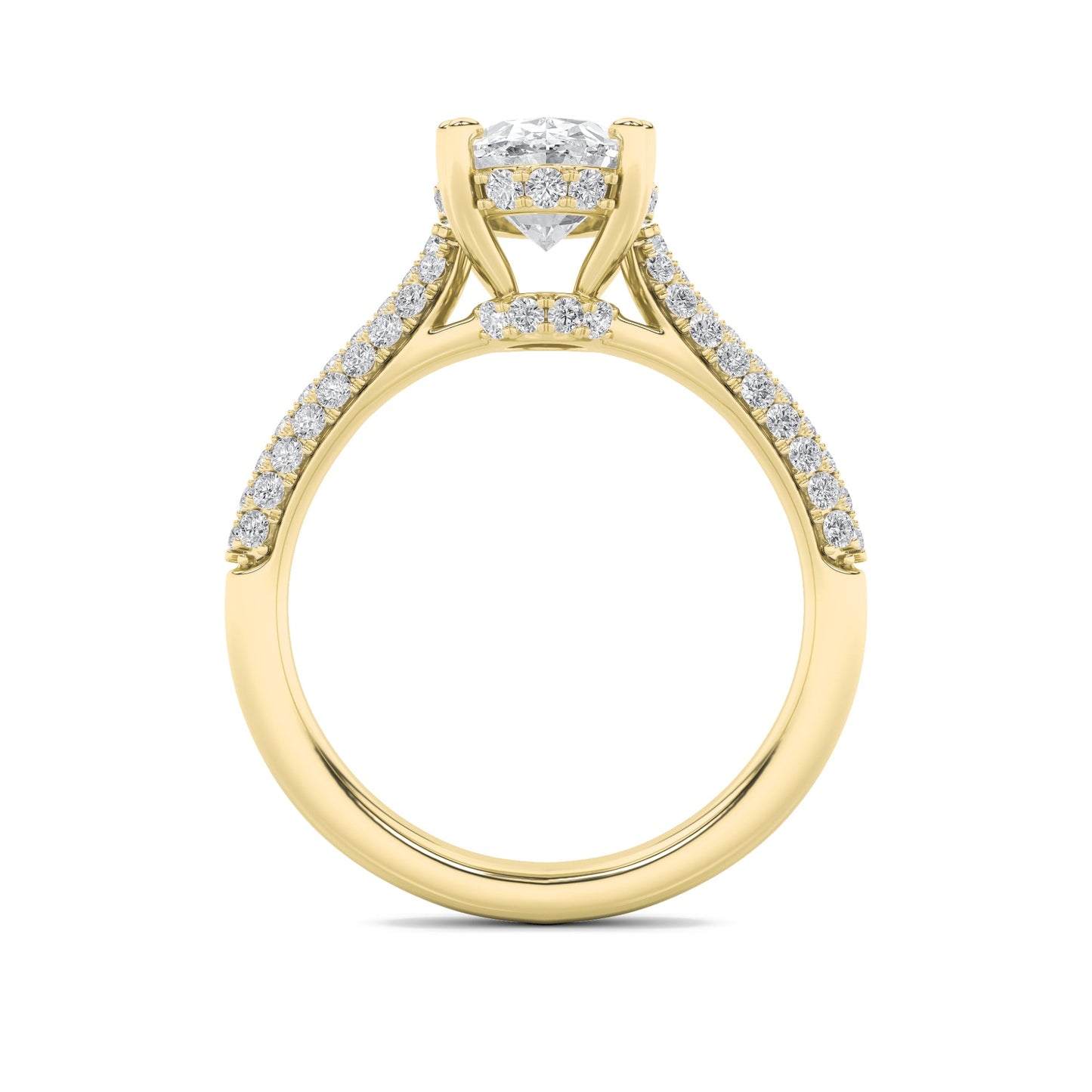 3 Ct Oval (F/VS) Lab Grown Diamond Double Prong 14K Yellow Gold Triple Row Accented Engagement Ring