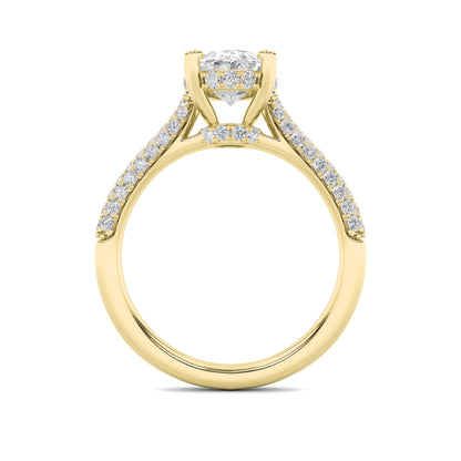 3 Ct Oval (F/VS) Lab Grown Diamond Double Prong 14K Yellow Gold Triple Row Accented Engagement Ring