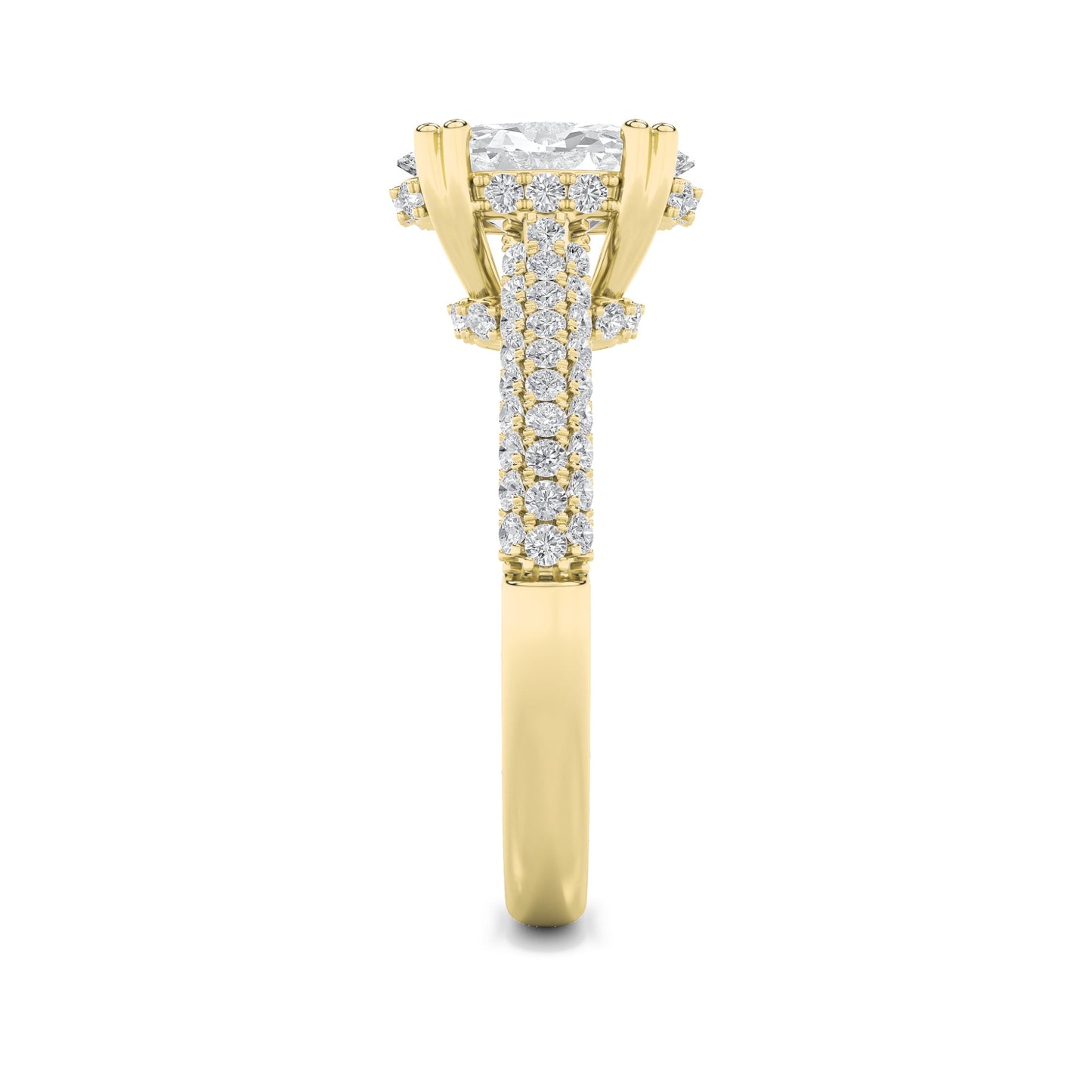 3 Ct Oval (F/VS) Lab Grown Diamond Double Prong 14K Yellow Gold Triple Row Accented Engagement Ring