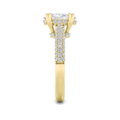 3 Ct Oval (F/VS) Lab Grown Diamond Double Prong 14K Yellow Gold Triple Row Accented Engagement Ring