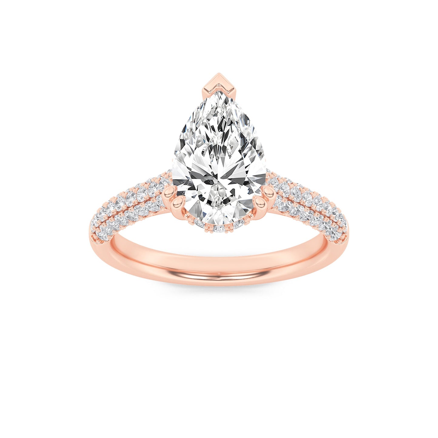 3 Ct Pear (F/VS) Lab Grown Diamond V-Prong 14K Rose Gold Triple Row Accented Engagement Ring