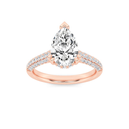 3 Ct Pear (F/VS) Lab Grown Diamond V-Prong 14K Rose Gold Triple Row Accented Engagement Ring