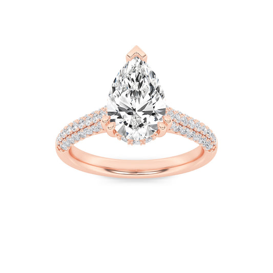 3 Ct Pear (F/VS) Lab Grown Diamond V-Prong 14K Rose Gold Triple Row Accented Engagement Ring