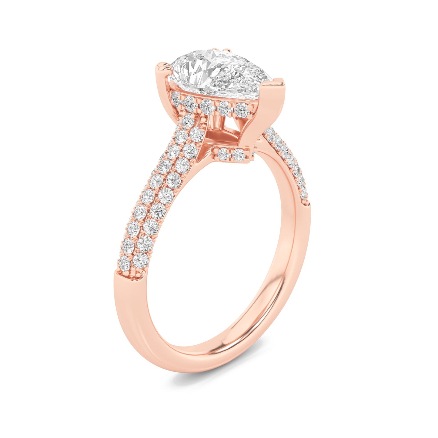 3 Ct Pear (F/VS) Lab Grown Diamond V-Prong 14K Rose Gold Triple Row Accented Engagement Ring