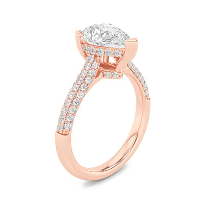 3 Ct Pear (F/VS) Lab Grown Diamond V-Prong 14K Rose Gold Triple Row Accented Engagement Ring
