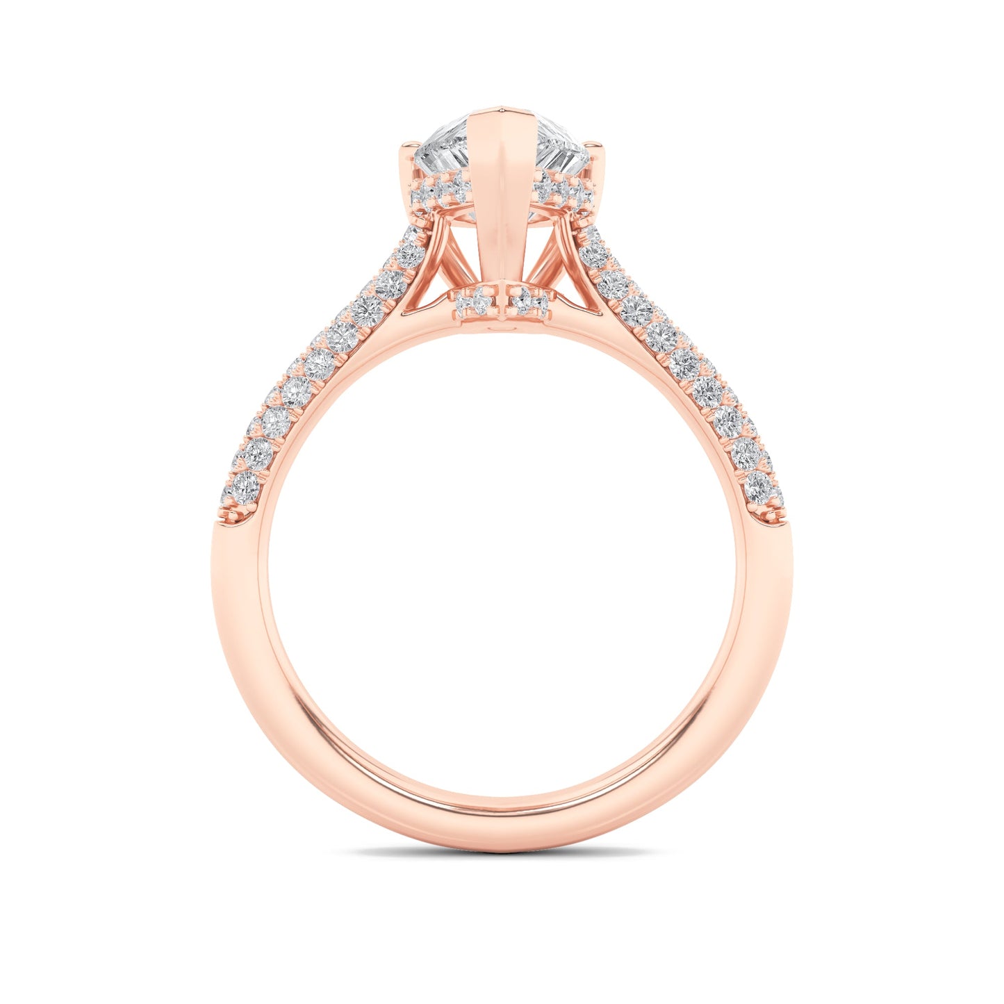 3 Ct Pear (F/VS) Lab Grown Diamond V-Prong 14K Rose Gold Triple Row Accented Engagement Ring