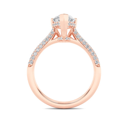 3 Ct Pear (F/VS) Lab Grown Diamond V-Prong 14K Rose Gold Triple Row Accented Engagement Ring