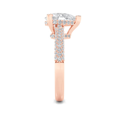 3 Ct Pear (F/VS) Lab Grown Diamond V-Prong 14K Rose Gold Triple Row Accented Engagement Ring