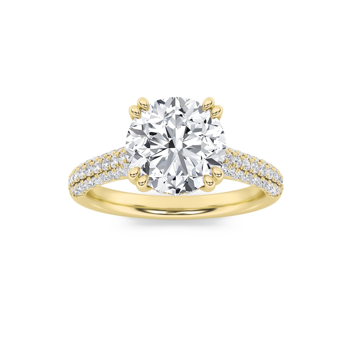 3 Ct Round (F/VS) Lab Diamond Double Prong 14K Yellow Gold Triple Row Accented Engagement Ring