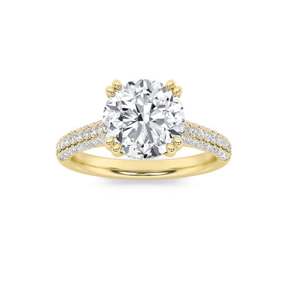 3 Ct Round (F/VS) Lab Diamond Double Prong 14K Yellow Gold Triple Row Accented Engagement Ring