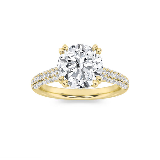 3 Ct Round (F/VS) Lab Diamond Double Prong 14K Yellow Gold Triple Row Accented Engagement Ring