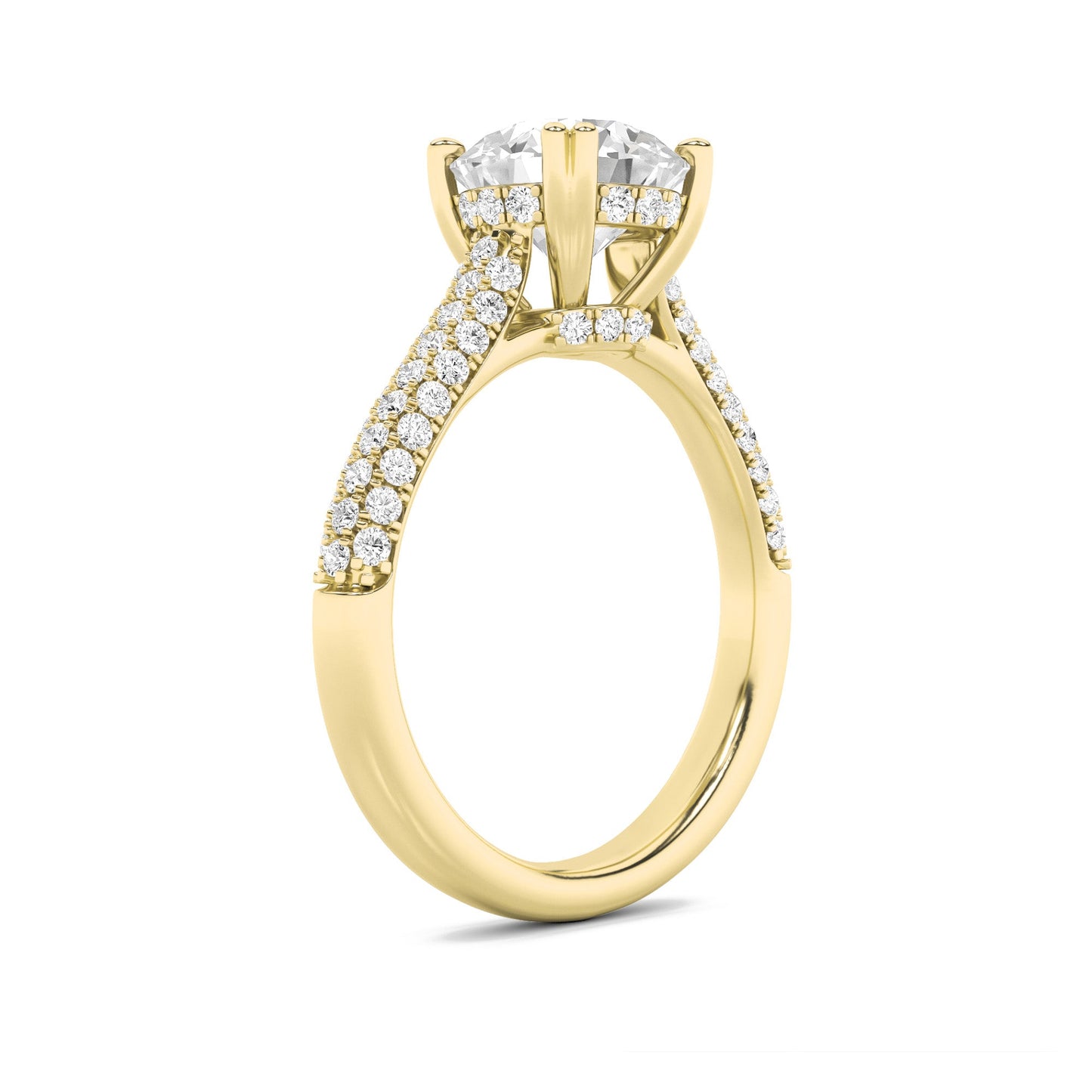 3 Ct Round (F/VS) Lab Diamond Double Prong 14K Yellow Gold Triple Row Accented Engagement Ring