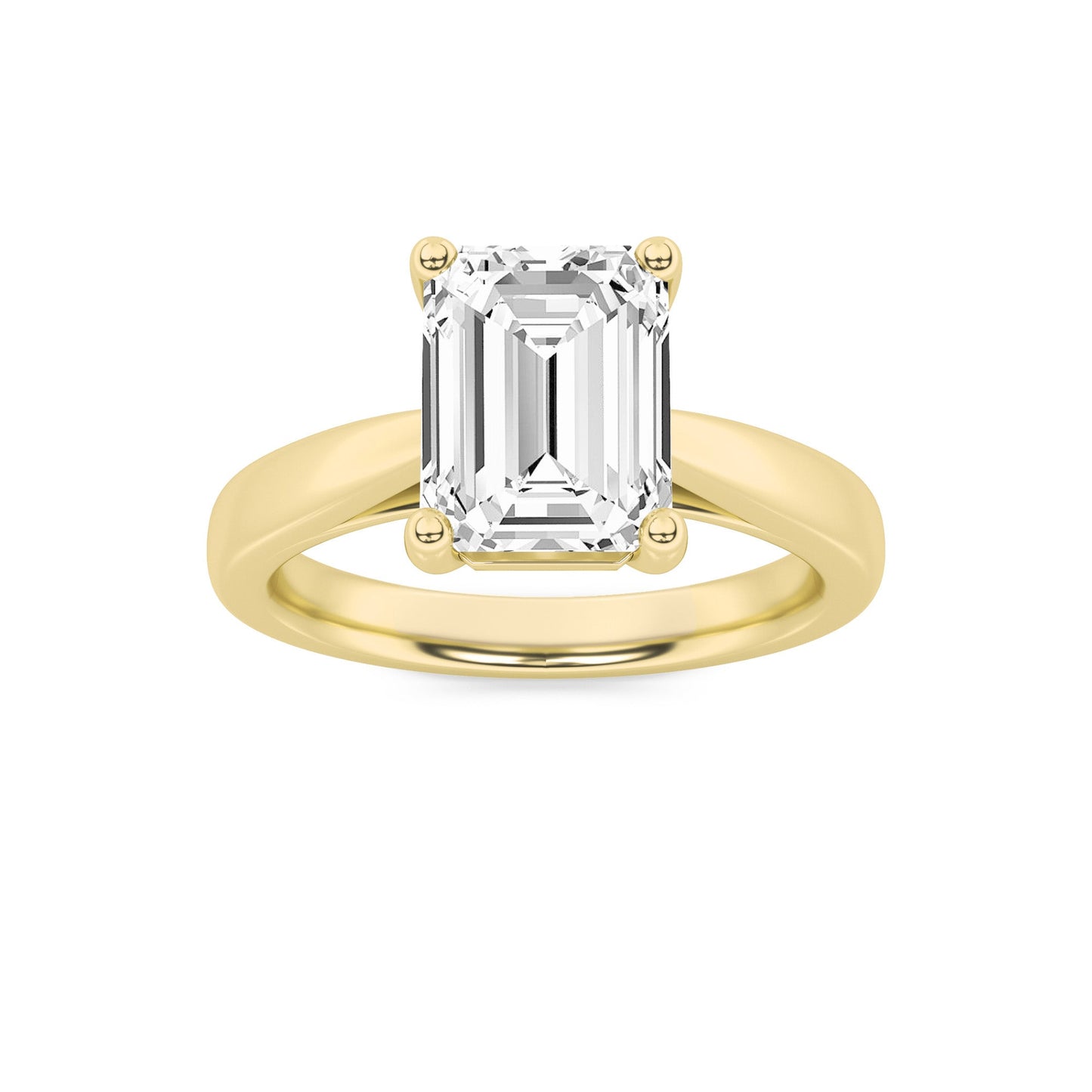 3 Ct Emerald (F/VS) Lab Grown Diamond Trellis Prong 14K Yellow Gold Plain Cathedral Solitaire Engagement Ring